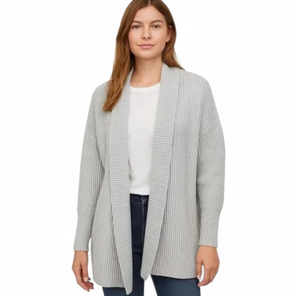 TAHARI Gray White Ribbed Knit Open Front Shawl Collar Cardigan S Warm Cozy